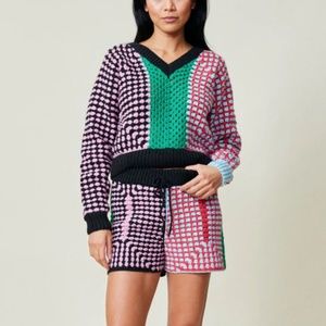 Lingua Franca NYC Simko Crocheted Knit Women's Sweater & Shorts Set